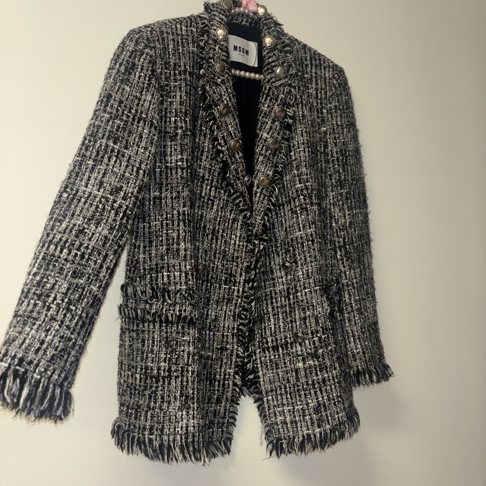 MSGM Milano Black White Tweed Boucle Fringe Blazer Jacket IT 46 US 10 2341MDG03 - Picture 2 of 8
